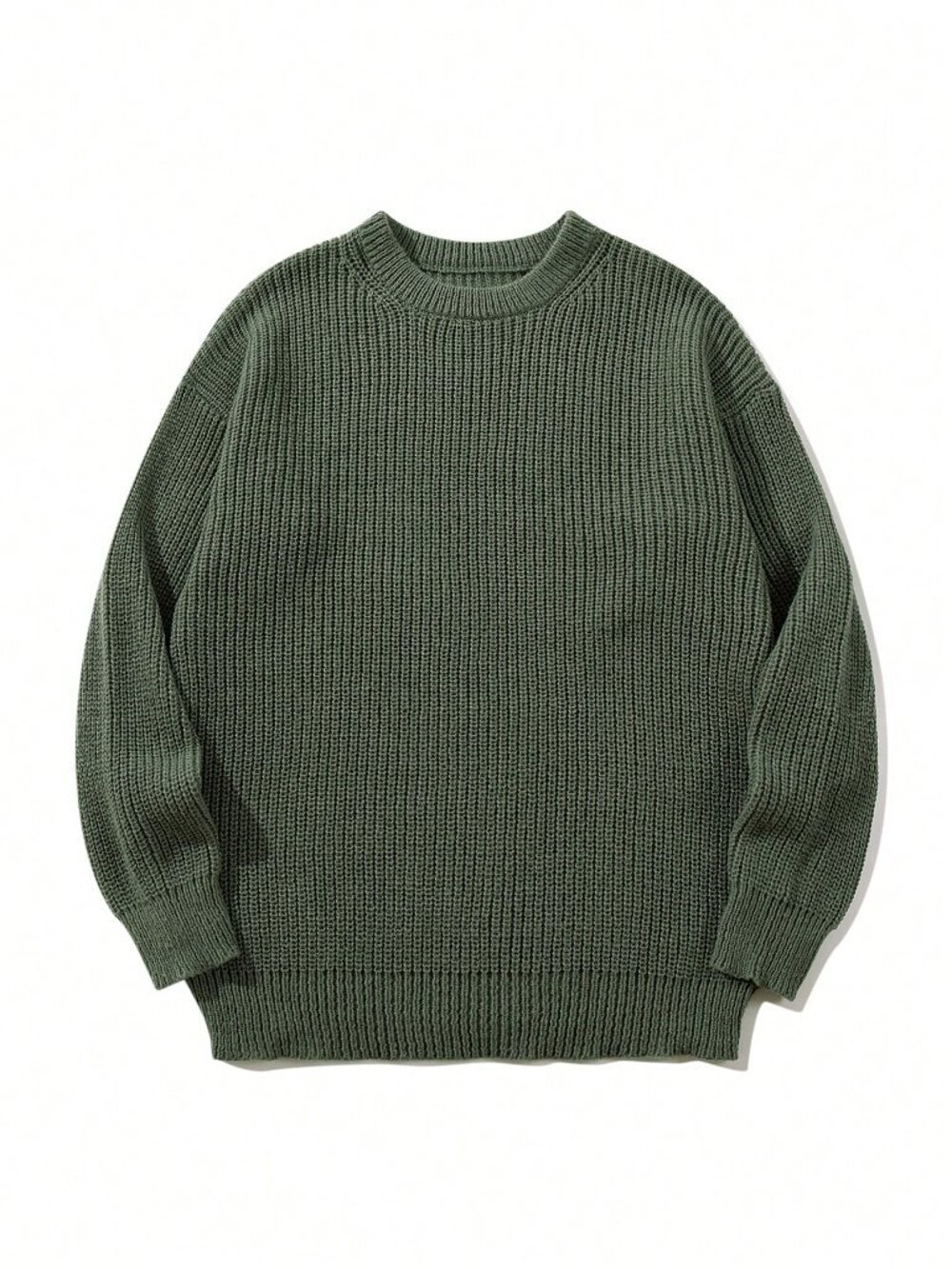 Olive Green Casual Men's Loose Fit Round Neck Long Sleeve Pullover Sweater - Picture 2 of 11